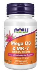 ناو فودز Mega D-3 مع MK-7 - فيتامين D3 5000 وحدة + فيتامين K2 180 ميكروغرام - 60 كبسولة لدعم العظام والقلب والمناعة