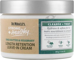 Dr.Miracle's Strong & Healthy Length Retention Leave In Cream. Contains Shea Butter Rosemary and Grapeseed oil.