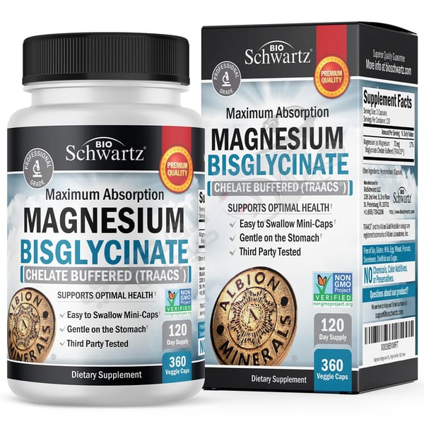Bioschwartz Magnesium Bisglycinate 100% Chelate No-Laxative Effect Healthy Energy Muscle Bone & Joint Support - Non-Gmo Project Verified -180Ct