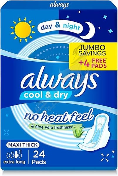 Always Cool & Dry No Heat Feel Maxi Thick Extra Long Sanitary With Wings 24 Pads