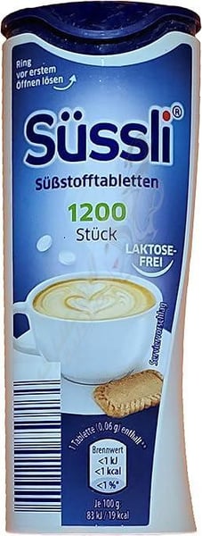 Suessli German Sweetener Tablets 1200pcs in Dispenser - Lactose Free Recipe - Imported from Germany 4061458011440